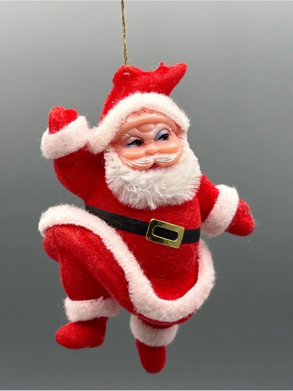 Vintage Santa Claus Flocked Ornament Red Mid Century Dancing Merry 4 Inch Figure